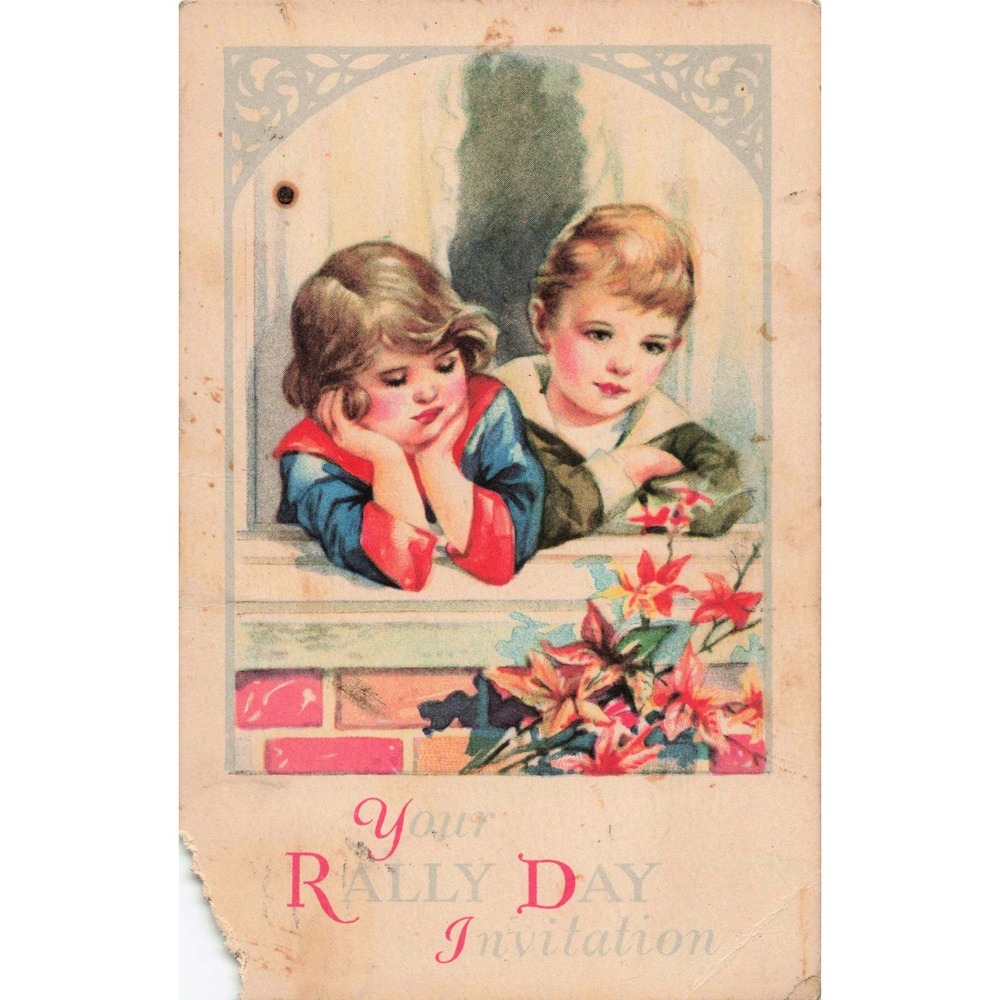 Rally Day Invitation Postcard Sunday School Children Window 1924 Divided Back